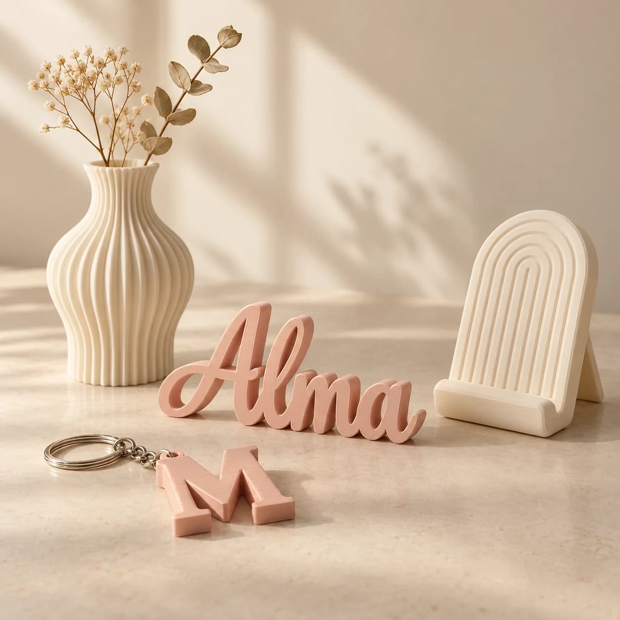 Composición generada con IA de un llavero con inicial, un florero de capas, el nombre decorativo Alma y un soporte de escritorio impresos en 3D. No es una fotografía de productos fabricados.